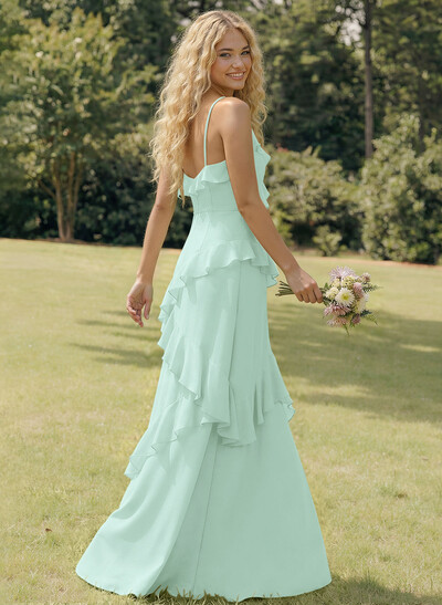 A-Line V-Neck Sleeveless Floor-Length Chiffon Elegant Bridesmaid Dresses With Ruffle
