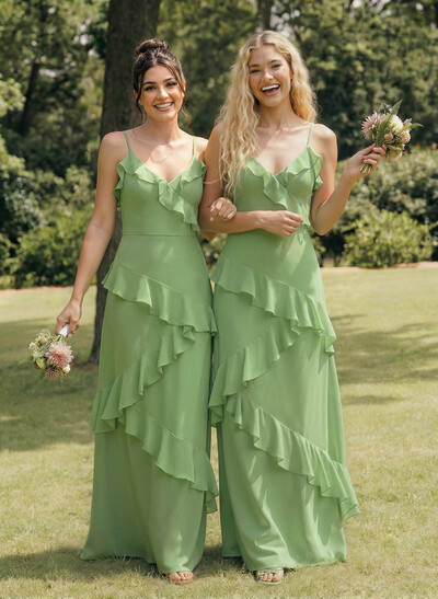 A-Line V-Neck Sleeveless Floor-Length Chiffon Elegant Bridesmaid Dresses With Ruffle