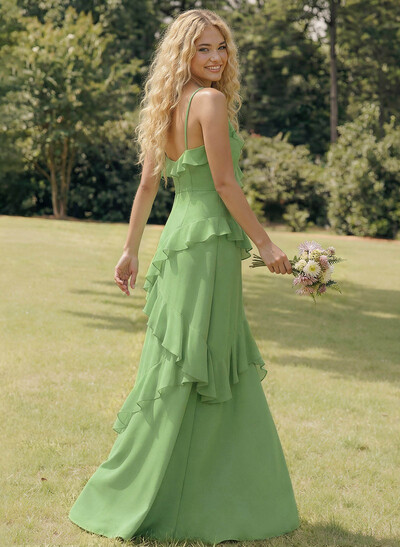 A-Line V-Neck Sleeveless Floor-Length Chiffon Elegant Bridesmaid Dresses With Ruffle