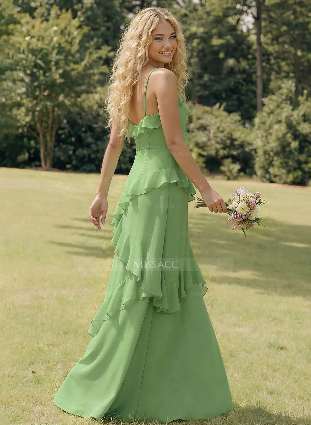A-Line V-Neck Sleeveless Floor-Length Chiffon Elegant Bridesmaid Dresses  With Ruffle - Missacc
