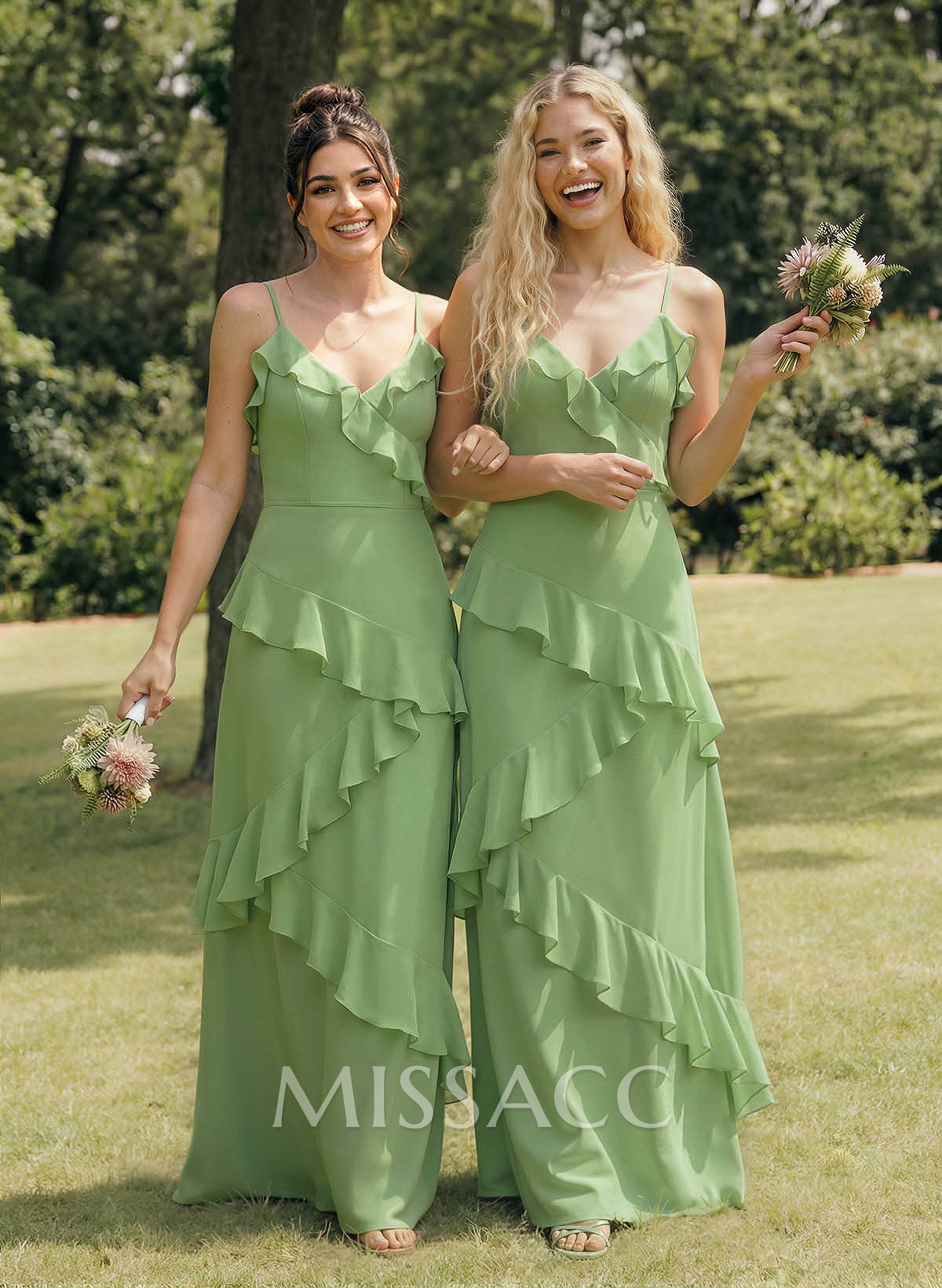 A-Line V-Neck Sleeveless Floor-Length Chiffon Elegant Bridesmaid Dresses With Ruffle