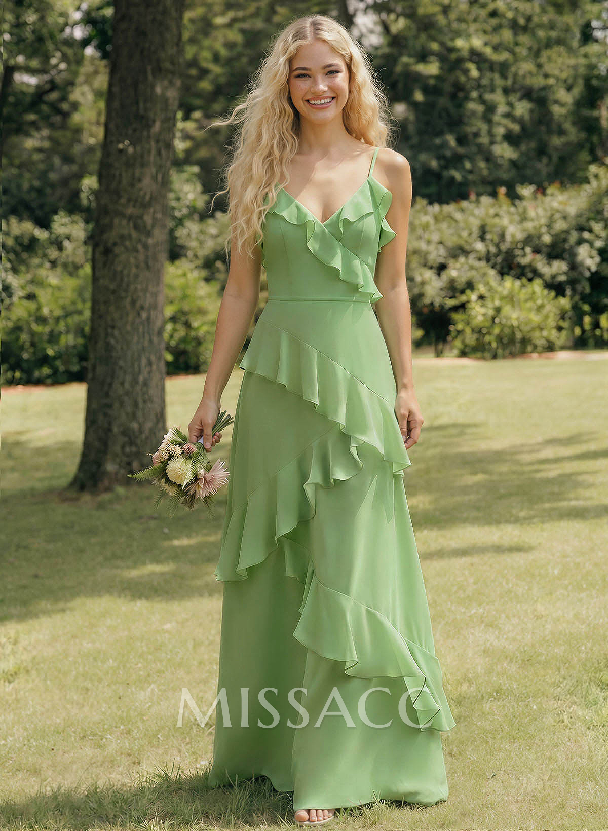 A-Line V-Neck Sleeveless Floor-Length Chiffon Elegant Bridesmaid Dresses With Ruffle
