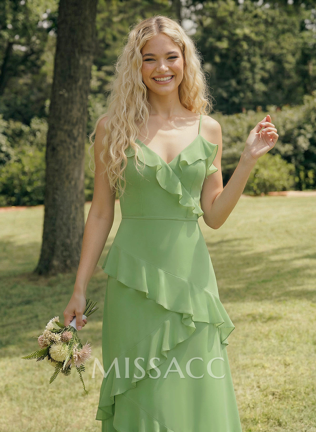 A-Line V-Neck Sleeveless Floor-Length Chiffon Elegant Bridesmaid Dresses With Ruffle
