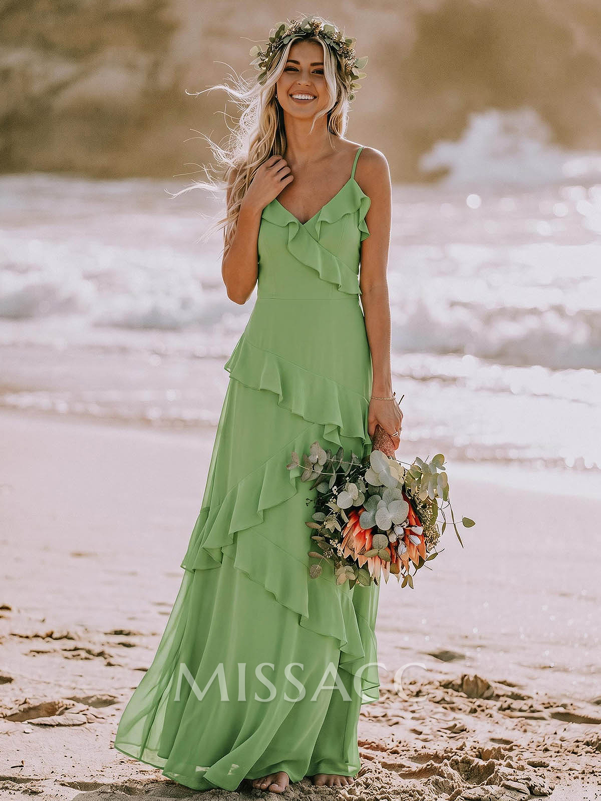 A-Line V-Neck Sleeveless Floor-Length Chiffon Elegant Bridesmaid Dresses With Ruffle