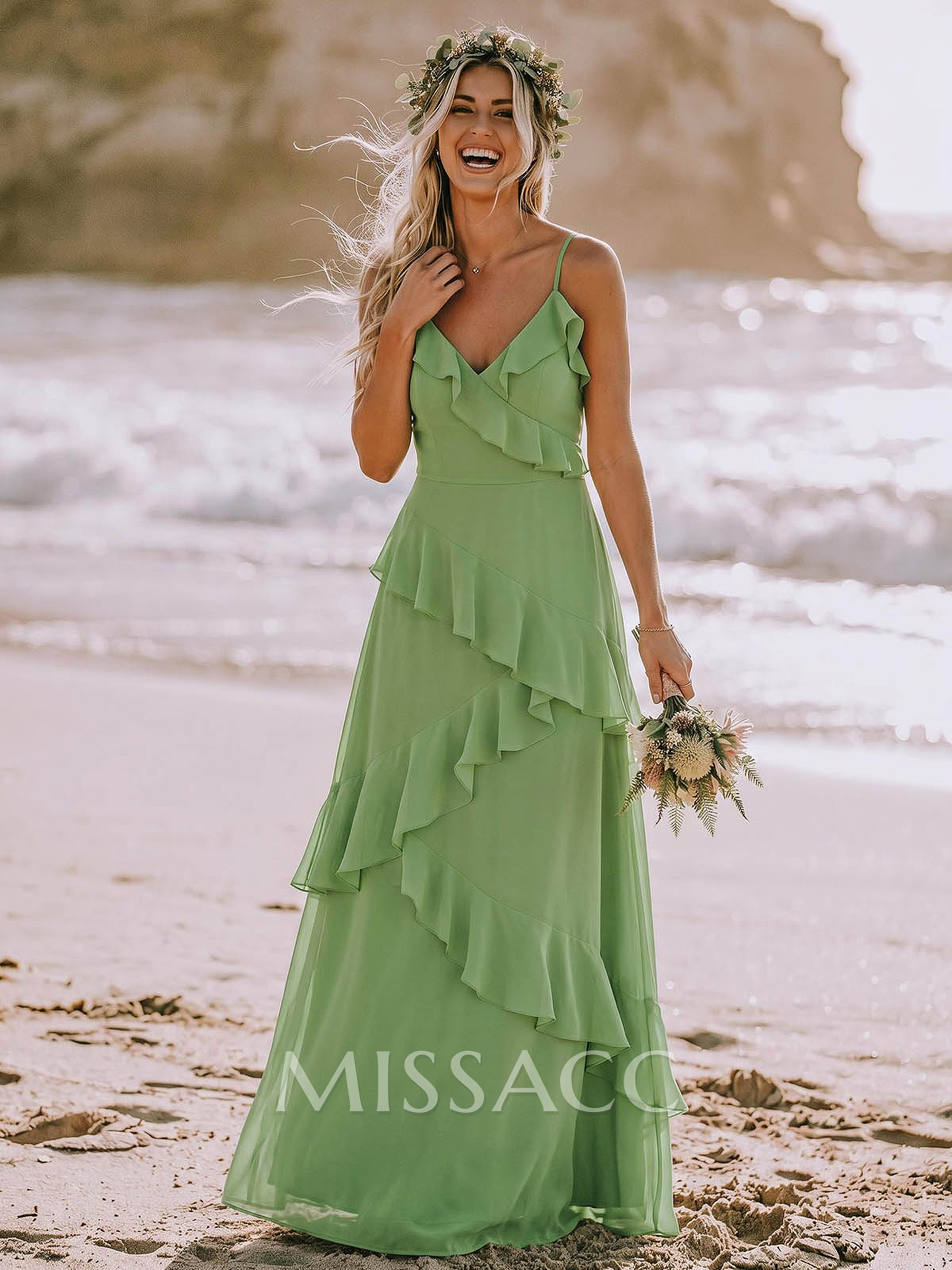 A-Line V-Neck Sleeveless Floor-Length Chiffon Elegant Bridesmaid Dresses With Ruffle
