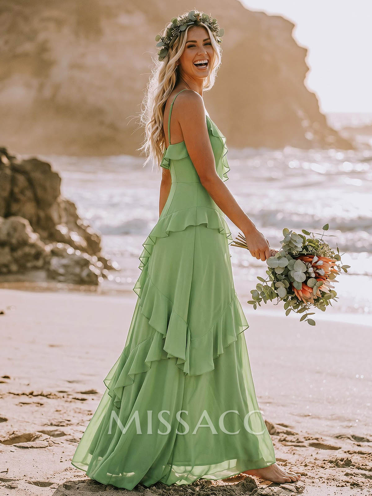 A-Line V-Neck Sleeveless Floor-Length Chiffon Elegant Bridesmaid Dresses With Ruffle