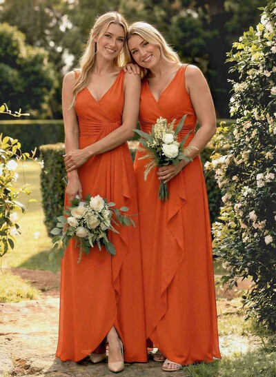 A-Line V-Neck Sleeveless Floor-Length Chiffon Bridesmaid Dress With Ruffle