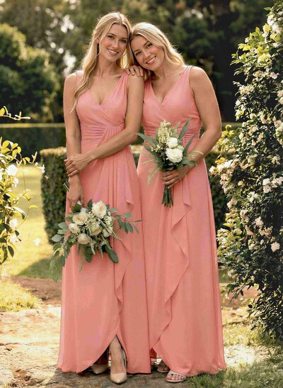 A-Line V-Neck Sleeveless Floor-Length Chiffon Bridesmaid Dress With Ruffle
