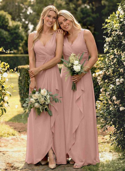 A-Line V-Neck Sleeveless Floor-Length Chiffon Bridesmaid Dress With Ruffle