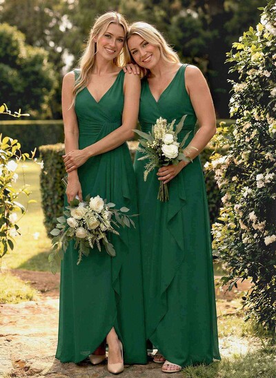 A-Line V-Neck Sleeveless Floor-Length Chiffon Bridesmaid Dress With Ruffle