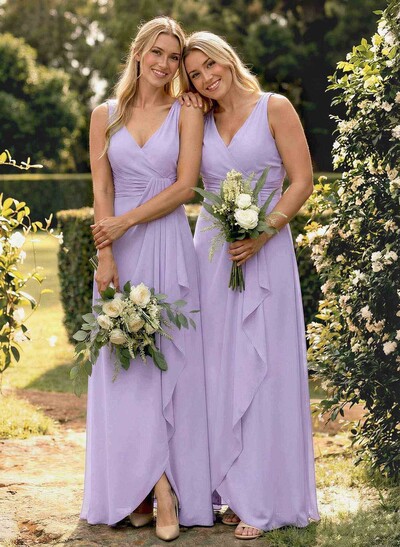A-Line V-Neck Sleeveless Floor-Length Chiffon Bridesmaid Dress With Ruffle