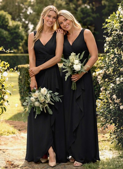 A-Line V-Neck Sleeveless Floor-Length Chiffon Bridesmaid Dress With Ruffle