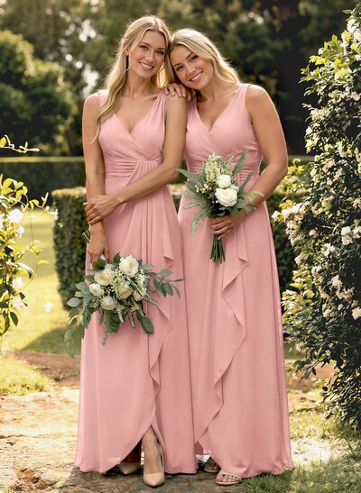 A-Line V-Neck Sleeveless Floor-Length Chiffon Bridesmaid Dress With Ruffle