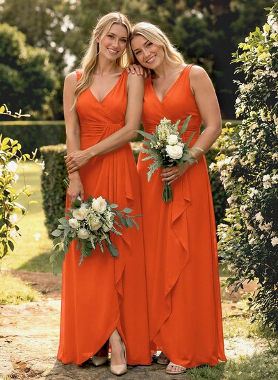 A-Line V-Neck Sleeveless Floor-Length Chiffon Bridesmaid Dress With Ruffle