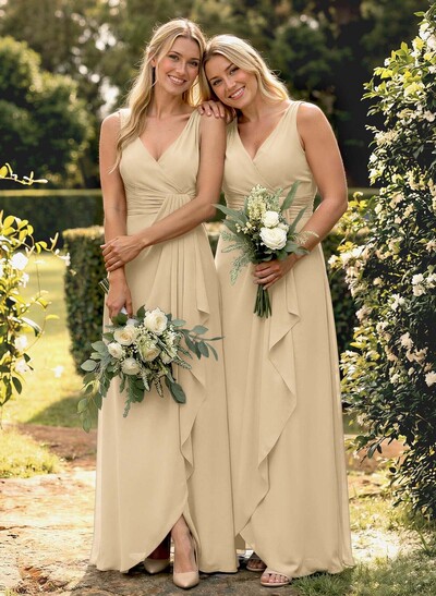 A-Line V-Neck Sleeveless Floor-Length Chiffon Bridesmaid Dress With Ruffle