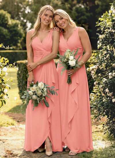 A-Line V-Neck Sleeveless Floor-Length Chiffon Bridesmaid Dress With Ruffle