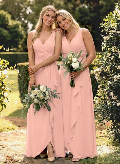 A-Line V-Neck Sleeveless Floor-Length Chiffon Bridesmaid Dress With Ruffle