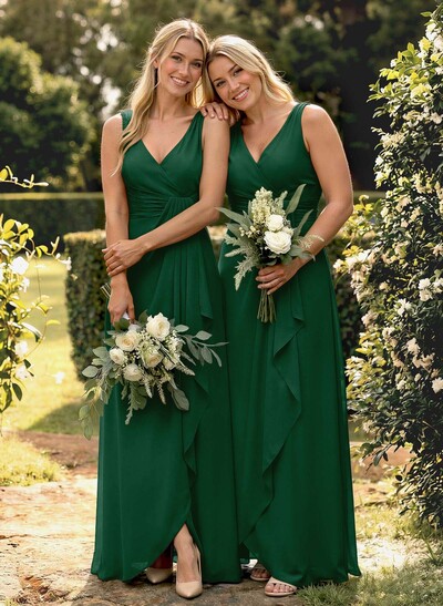 A-Line V-Neck Sleeveless Floor-Length Chiffon Bridesmaid Dress With Ruffle