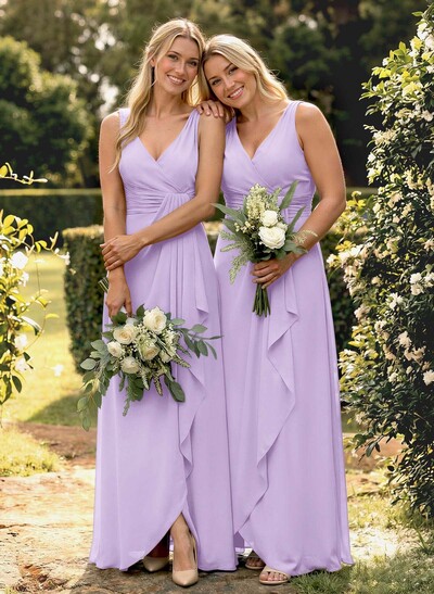 A-Line V-Neck Sleeveless Floor-Length Chiffon Bridesmaid Dress With Ruffle