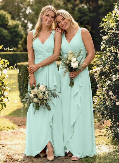 A-Line V-Neck Sleeveless Floor-Length Chiffon Bridesmaid Dress With Ruffle