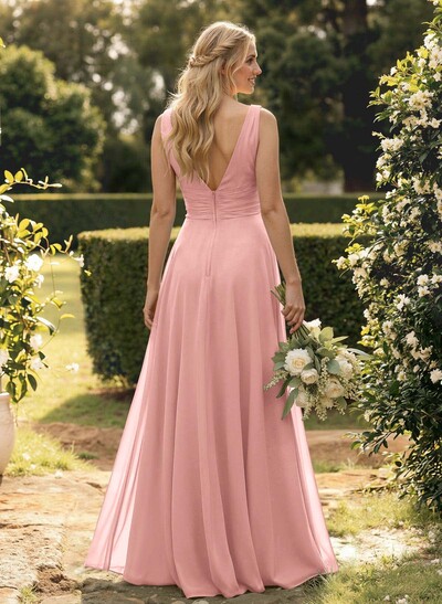 A-Line V-Neck Sleeveless Floor-Length Chiffon Bridesmaid Dress With Ruffle