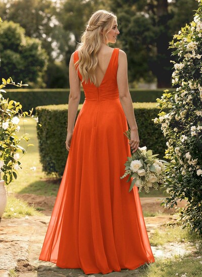 A-Line V-Neck Sleeveless Floor-Length Chiffon Bridesmaid Dress With Ruffle