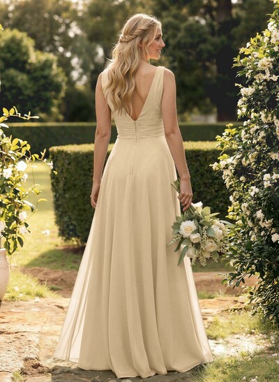 A-Line V-Neck Sleeveless Floor-Length Chiffon Bridesmaid Dress With Ruffle