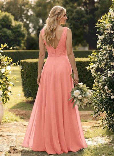 A-Line V-Neck Sleeveless Floor-Length Chiffon Bridesmaid Dress With Ruffle