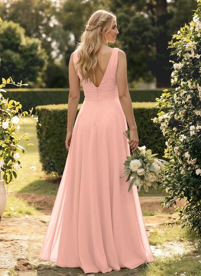 A-Line V-Neck Sleeveless Floor-Length Chiffon Bridesmaid Dress With Ruffle
