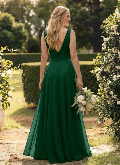 A-Line V-Neck Sleeveless Floor-Length Chiffon Bridesmaid Dress With Ruffle