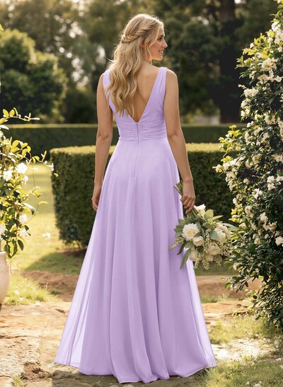 A-Line V-Neck Sleeveless Floor-Length Chiffon Bridesmaid Dress With Ruffle