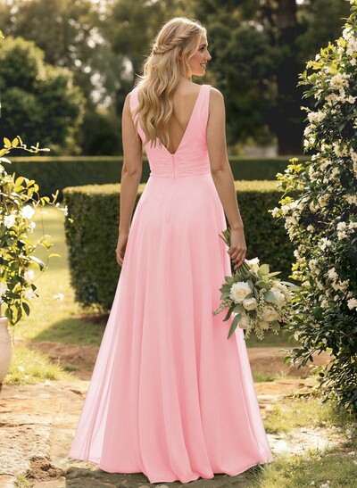 A-Line V-Neck Sleeveless Floor-Length Chiffon Bridesmaid Dress With Ruffle