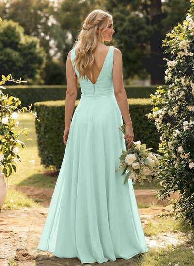 A-Line V-Neck Sleeveless Floor-Length Chiffon Bridesmaid Dress With Ruffle