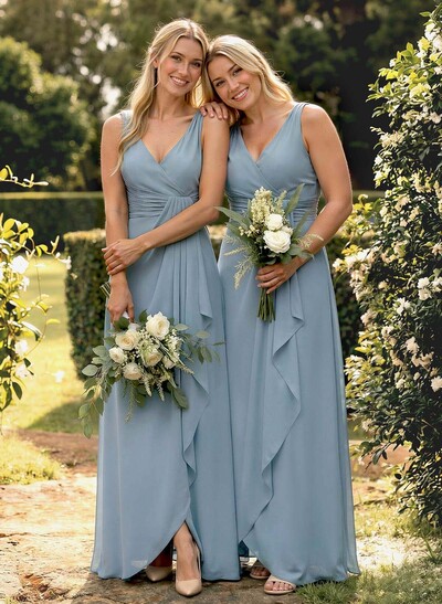 A-Line V-Neck Sleeveless Floor-Length Chiffon Bridesmaid Dress With Ruffle