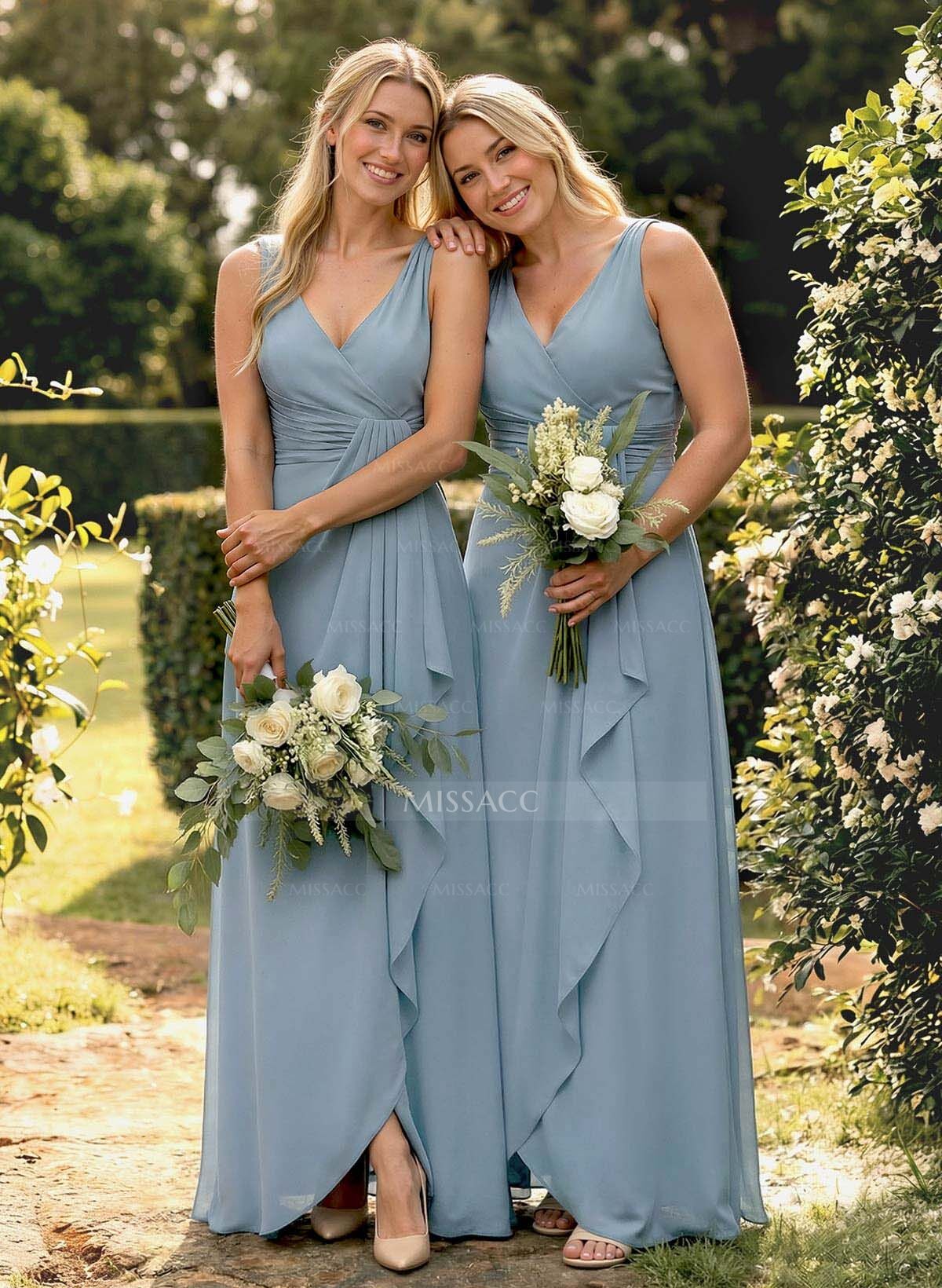 A-Line V-Neck Sleeveless Floor-Length Chiffon Bridesmaid Dress With Ruffle