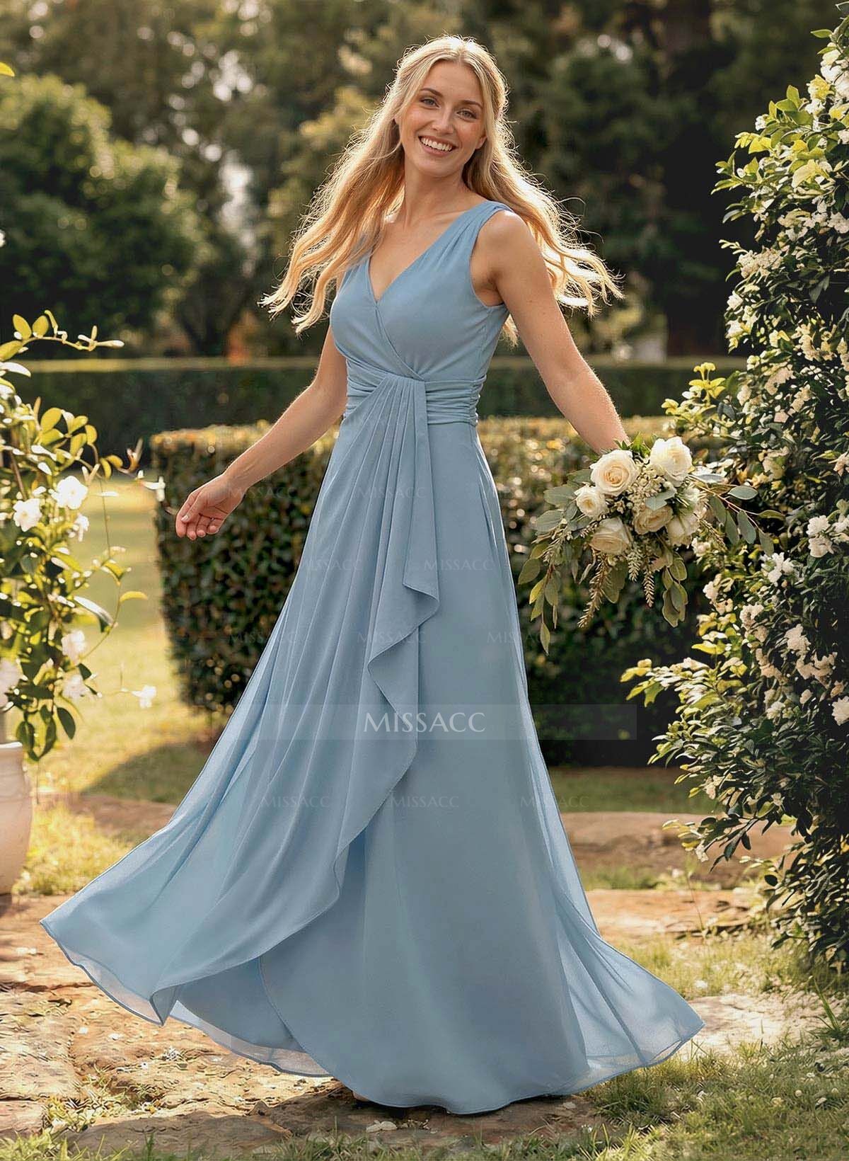 A-Line V-Neck Sleeveless Floor-Length Chiffon Bridesmaid Dress With Ruffle