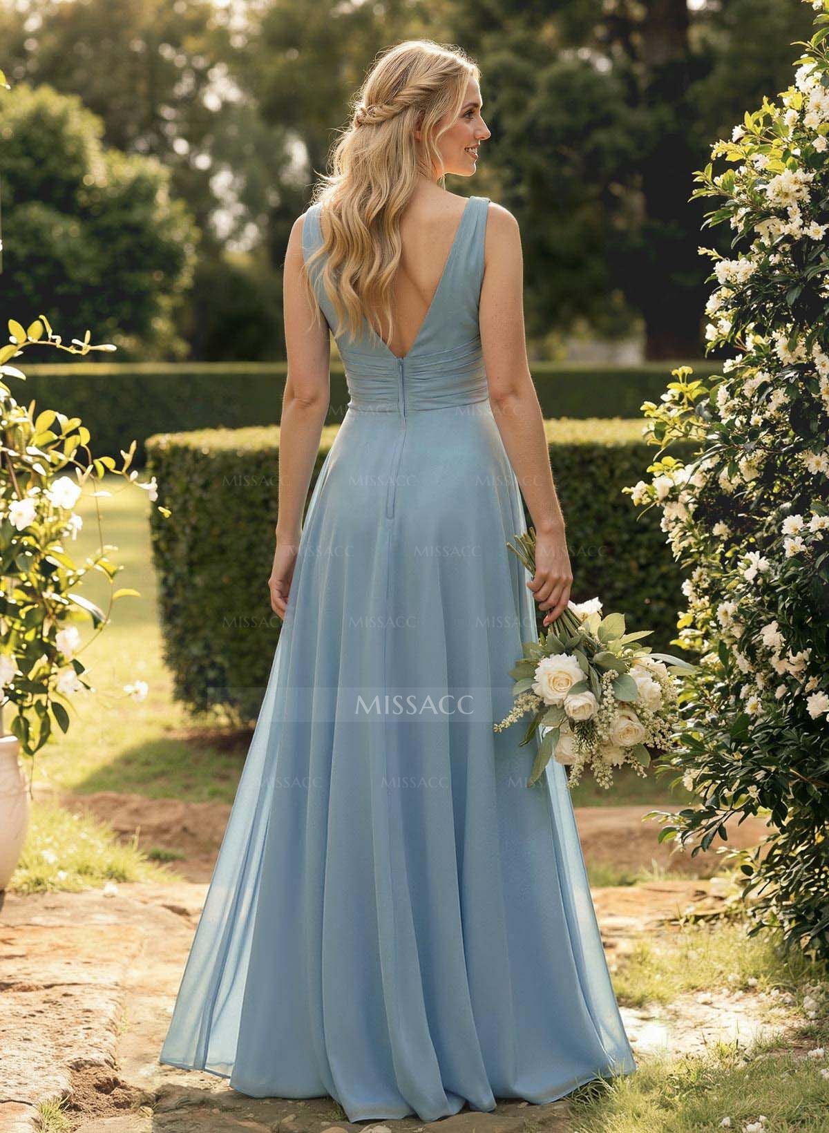 A-Line V-Neck Sleeveless Floor-Length Chiffon Bridesmaid Dress With Ruffle