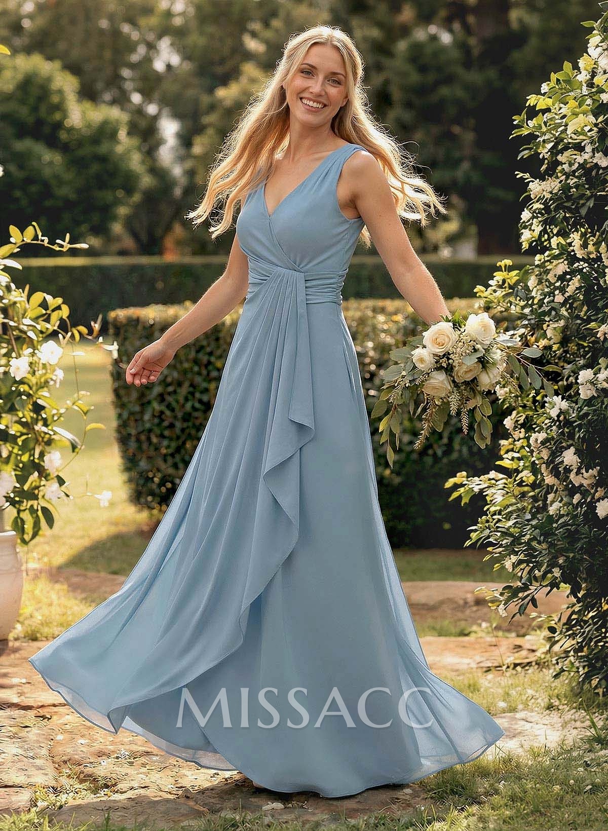 A-Line V-Neck Sleeveless Floor-Length Chiffon Bridesmaid Dress With Ruffle A-Line V-Neck Sleeveless Floor-Length Chiffon Bridesmaid Dress With Ruffle