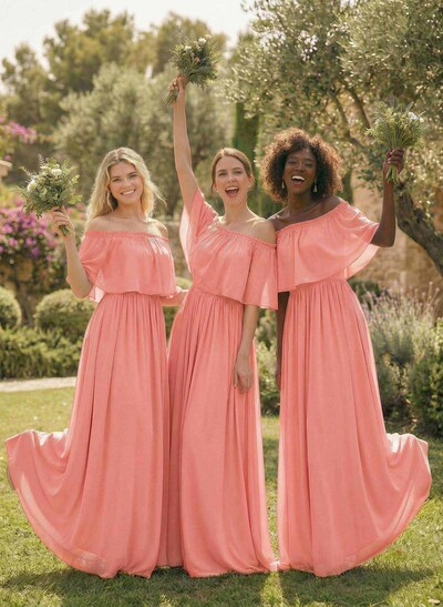 A-Line Strapless/Off-The-Shoulder 1/2 Sleeves Floor-Length Chiffon Bridesmaid Dress