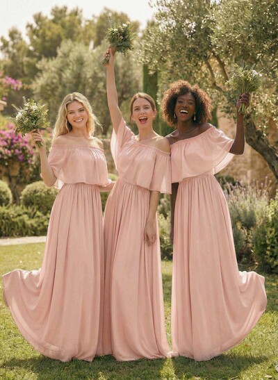 A-Line Strapless/Off-The-Shoulder 1/2 Sleeves Floor-Length Chiffon Bridesmaid Dress