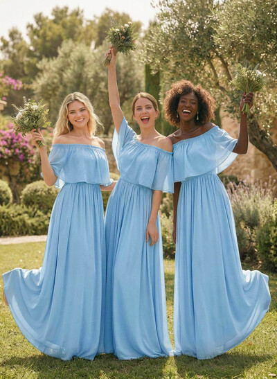 A-Line Strapless/Off-The-Shoulder 1/2 Sleeves Floor-Length Chiffon Bridesmaid Dress