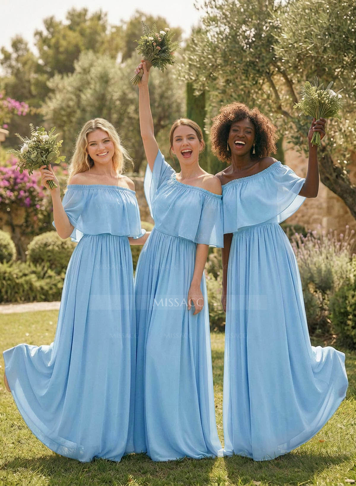 A-Line Strapless/Off-The-Shoulder 1/2 Sleeves Floor-Length Chiffon Bridesmaid Dress