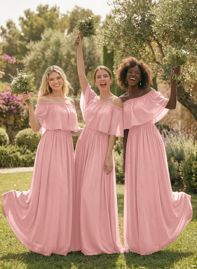 A-Line Strapless/Off-The-Shoulder 1/2 Sleeves Floor-Length Chiffon Bridesmaid Dress