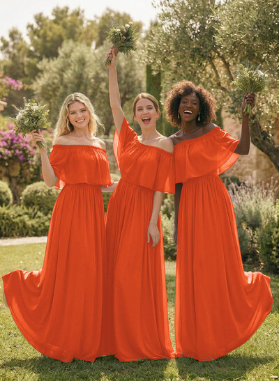 A-Line Strapless/Off-The-Shoulder 1/2 Sleeves Floor-Length Chiffon Bridesmaid Dress