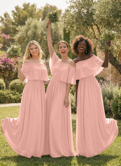 A-Line Strapless/Off-The-Shoulder 1/2 Sleeves Floor-Length Chiffon Bridesmaid Dress