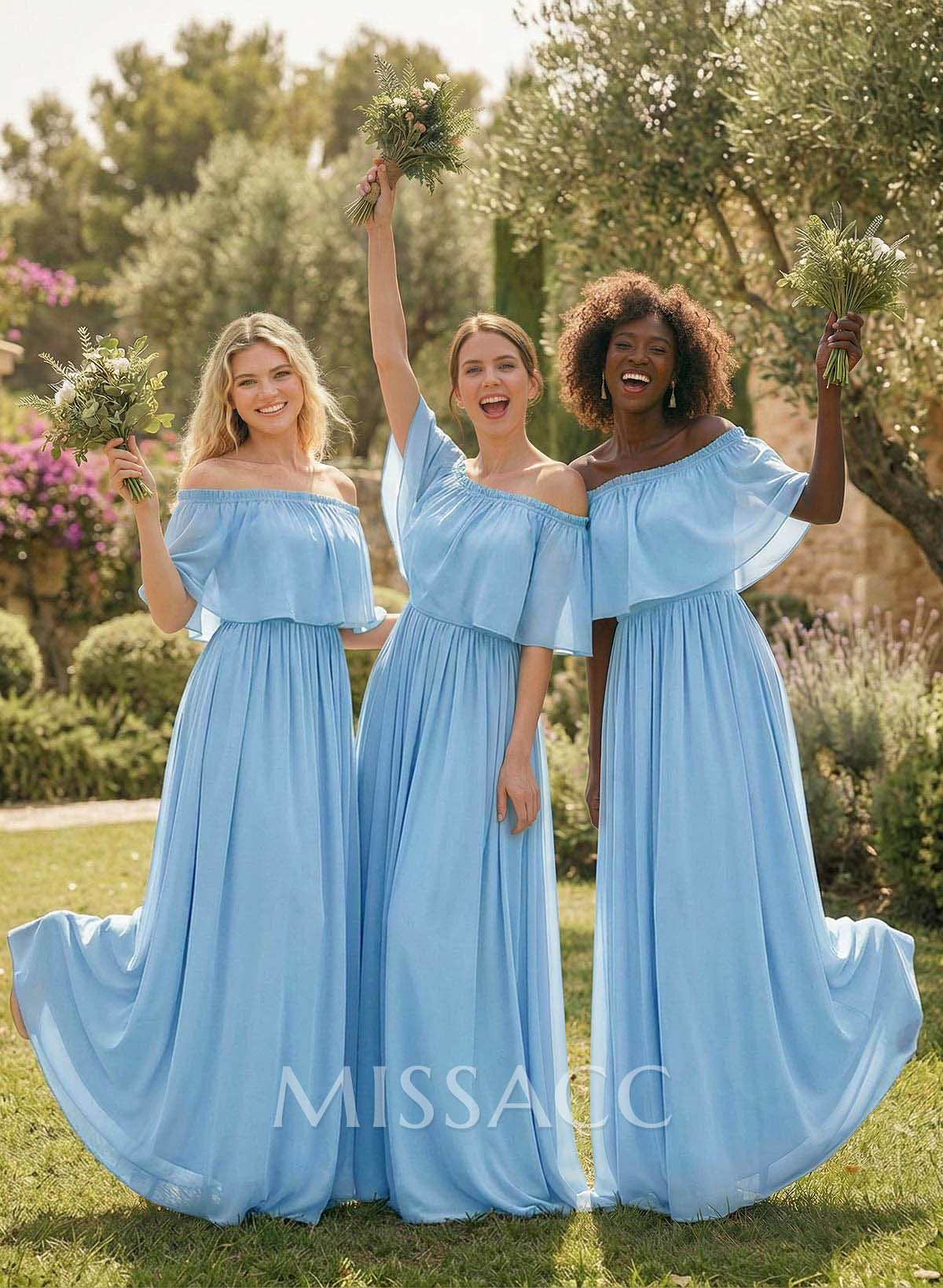 A-Line Strapless/Off-The-Shoulder 1/2 Sleeves Floor-Length Chiffon Bridesmaid Dress A-Line Strapless/Off-The-Shoulder 1/2 Sleeves Floor-Length Chiffon Bridesmaid Dress