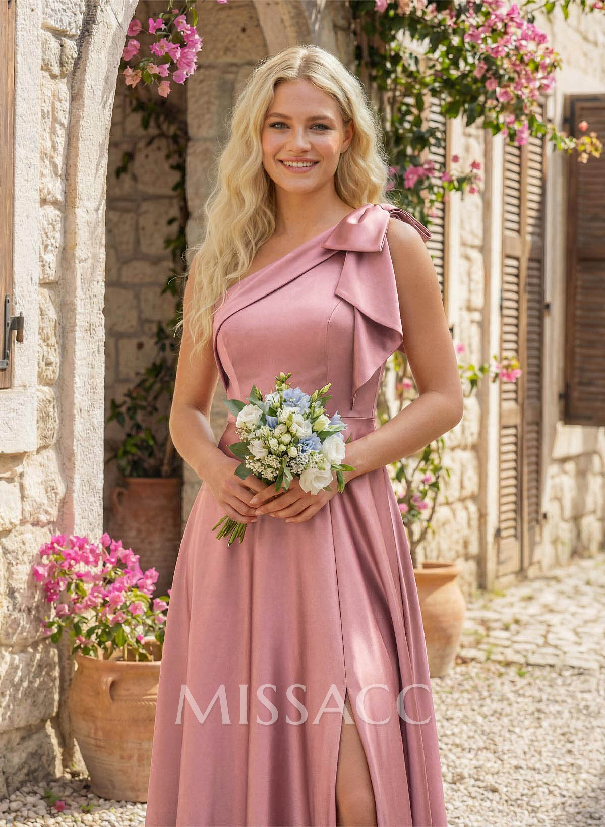 A-Line One-Shoulder Sleeveless Split Front Floor-Length Satin Bridesmaid Dress With Bow A-Line One-Shoulder Sleeveless Split Front Floor-Length Satin Bridesmaid Dress With Bow