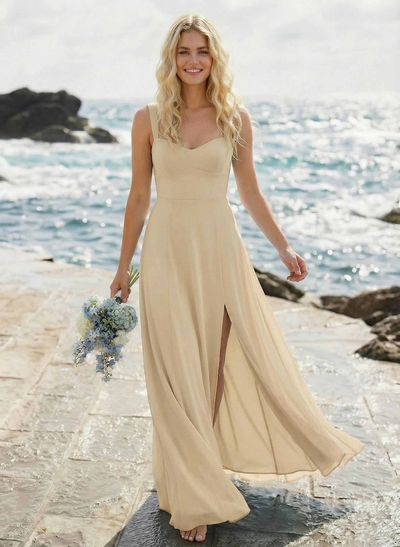 A-Line Sweetheart Sleeveless Floor-Length Elegant Chiffon Bridesmaid Dress With Split Front