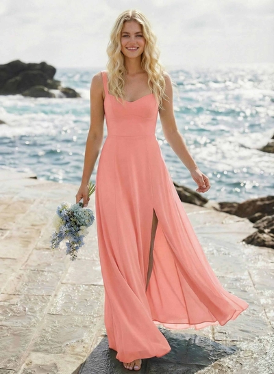 A-Line Sweetheart Sleeveless Floor-Length Elegant Chiffon Bridesmaid Dress With Split Front