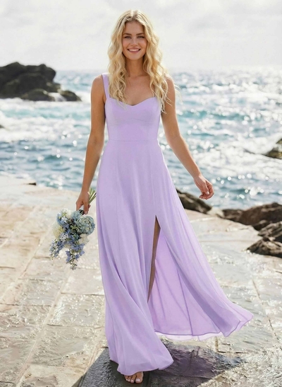 A-Line Sweetheart Sleeveless Floor-Length Elegant Chiffon Bridesmaid Dress With Split Front